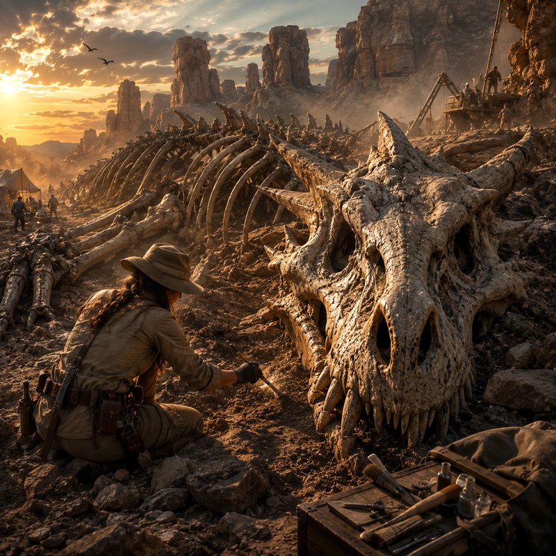 Archaeologist brushes a massive horned dragon fossil skeleton at a rocky desert excavation site d...