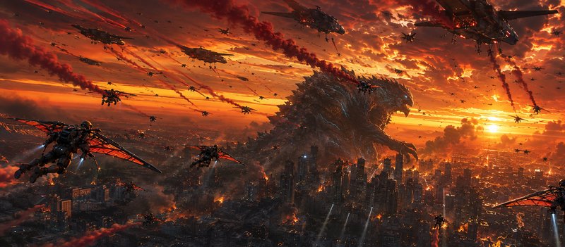 Colossal Godzilla-like kaiju rampages over a burning city, attacked by futuristic winged soldiers and aircraft at fiery su...