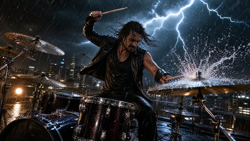 Intense long-haired heavy metal drummer plays a rooftop drum set as lightning strikes over a rain...