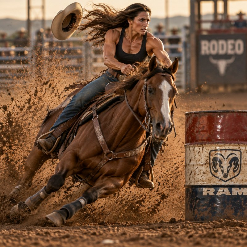 Female barrel racer leans hard around a competition barrel on a galloping chestnut horse, her hat...