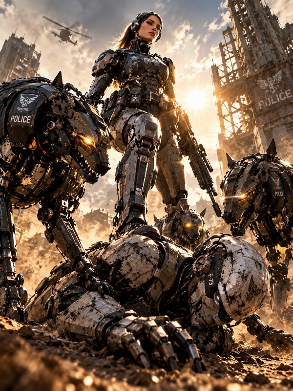 Cyborg police officer stands with robotic mech wolf units over a defeated robot in a ruined dystopian city at golden hour