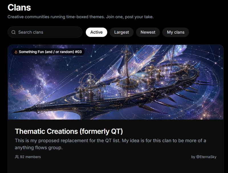 Dark mode creative platform clan page featuring an ornate fantasy airship floating through a glow...
