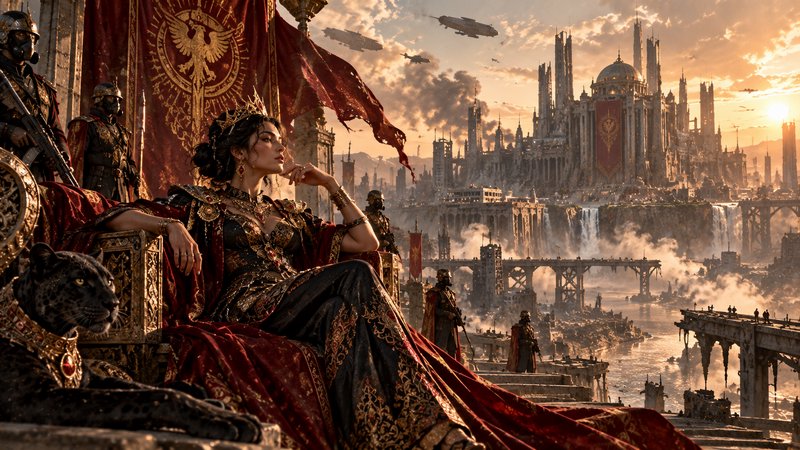 Crowned empress sits on an ornate gilded throne with a black panther, overlooking a steampunk imp...