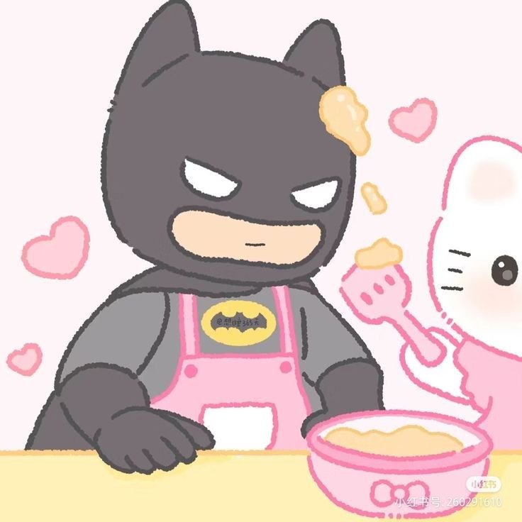 Cartoon Batman in a pink apron baking with a cute bunny friend in a pastel kitchen.