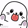 Cute white kawaii blob character waving, tongue out, with blushing cheeks.