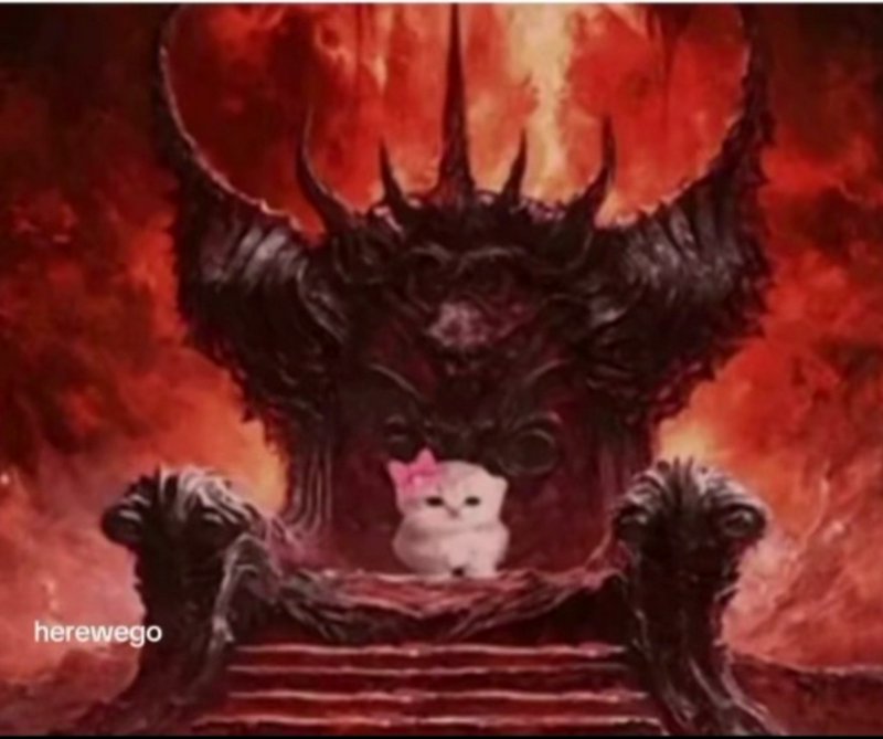White cat with pink bow sitting on a dark throne in a fiery hellish throne room.