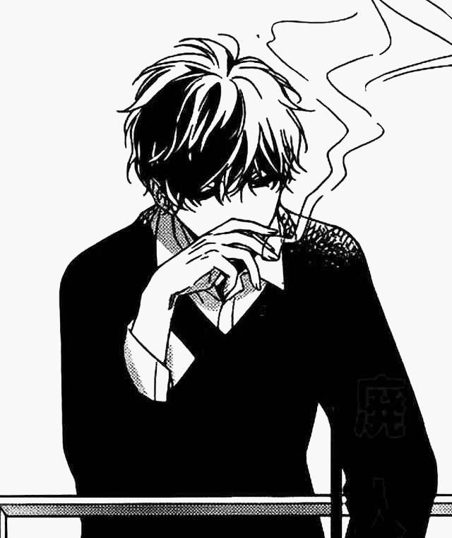 A monochrome manga-style illustration of a young man smoking, with tousled hair and a thoughtful ...