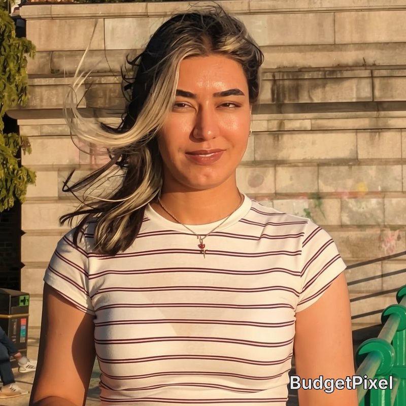 "Smiling young woman with dark hair and blonde highlights, in a striped t-shirt, outdoors in warm...
