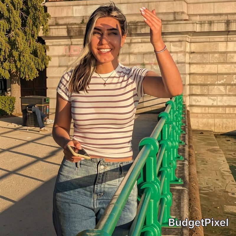Smiling young woman waves while holding a phone, standing by a green waterfront railing in warm g...
