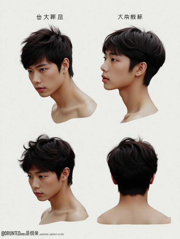 Four-view collage of a young man with textured, layered short hairstyle (front, side, and back).