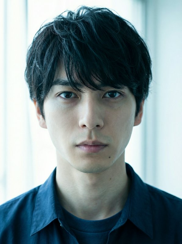 Portrait of a young man with dark hair in a blue shirt by a window.