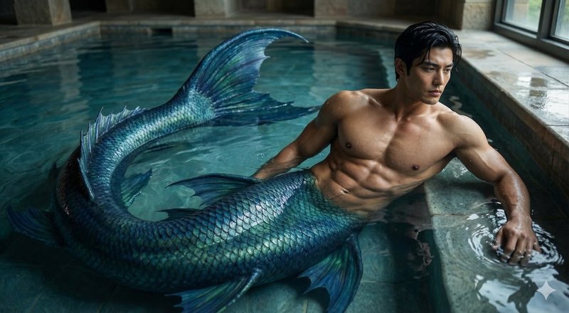 Muscular man with a blue-green mermaid tail lounging in a pool.
