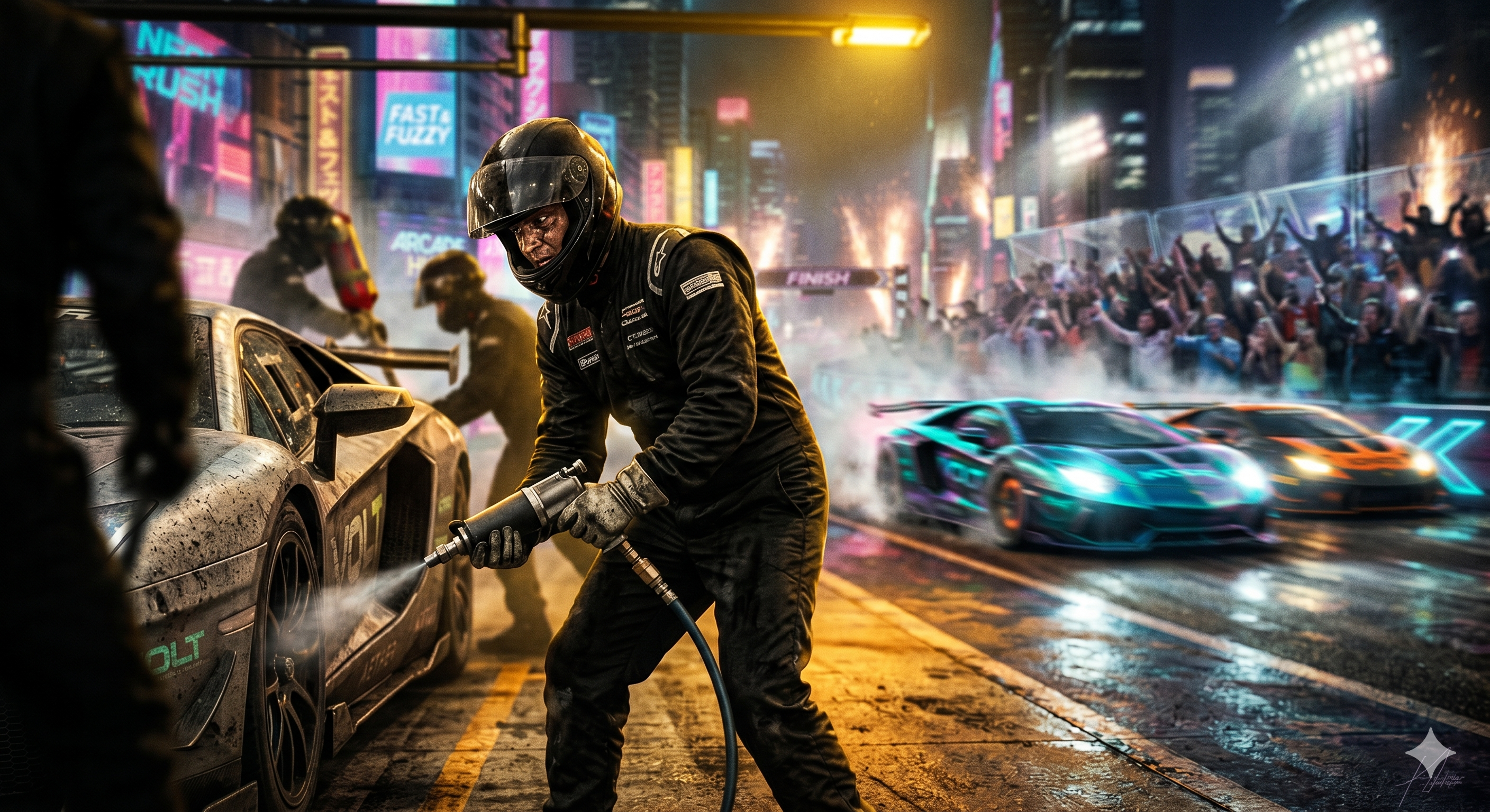 Race pit crew at a neon-lit night street race, spraying a car as fans cheer in the background.