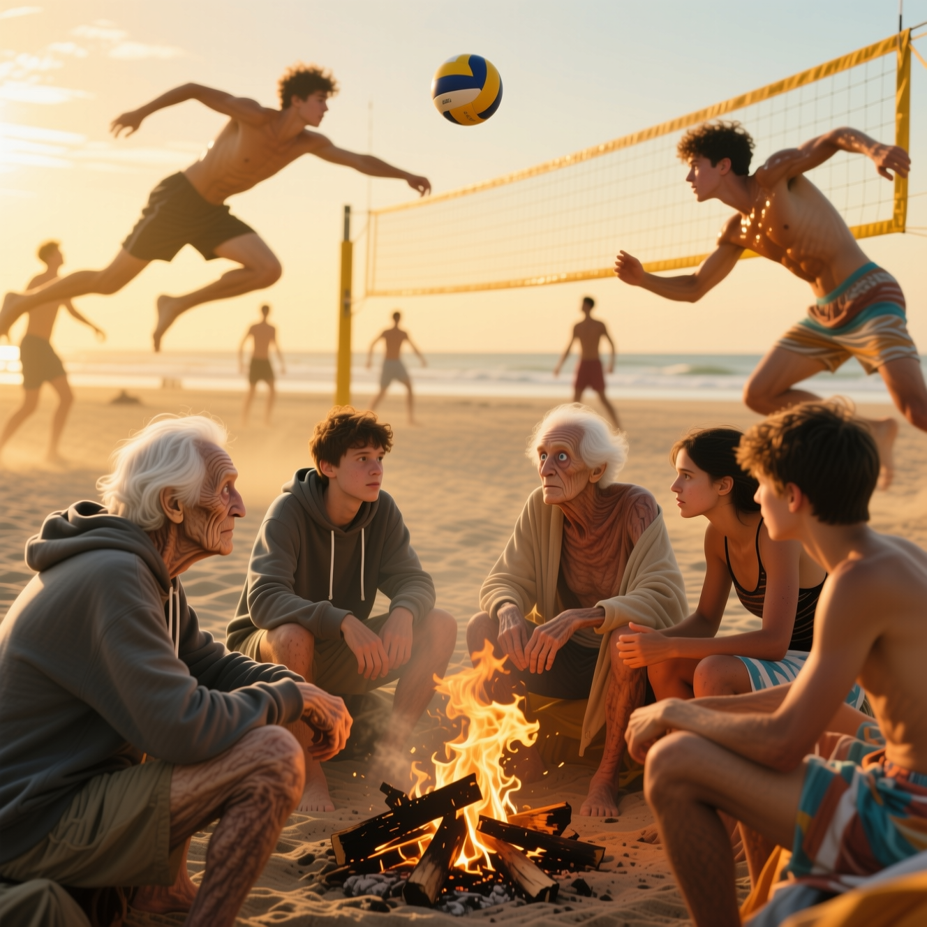 [Surreal golden hour beach scene, group sits around a sand campfire while floating players compete in beach volleyball in ...