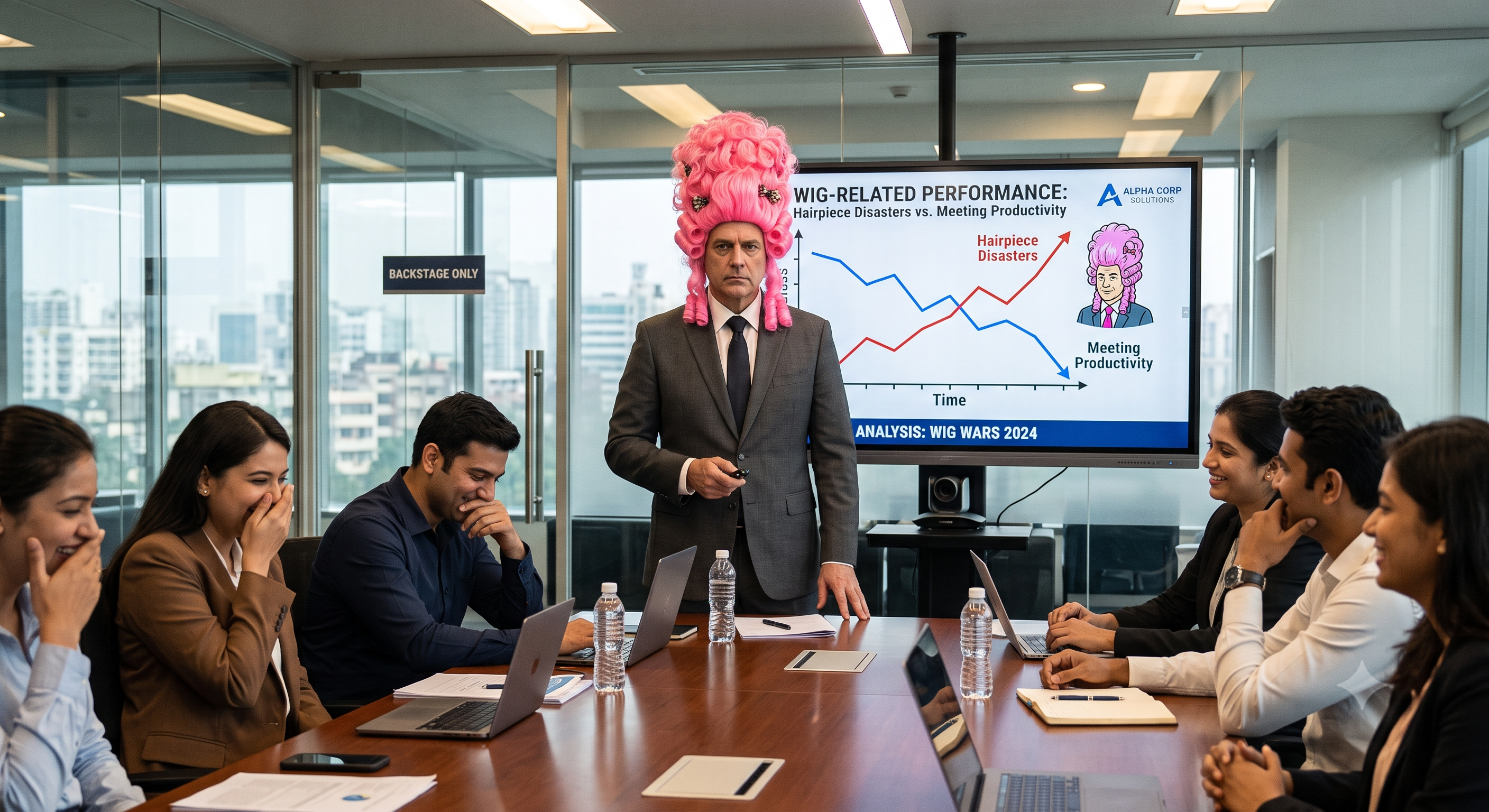 Deadpan executive wearing a large pink curly wig presents to laughing colleagues in a corporate boardroom