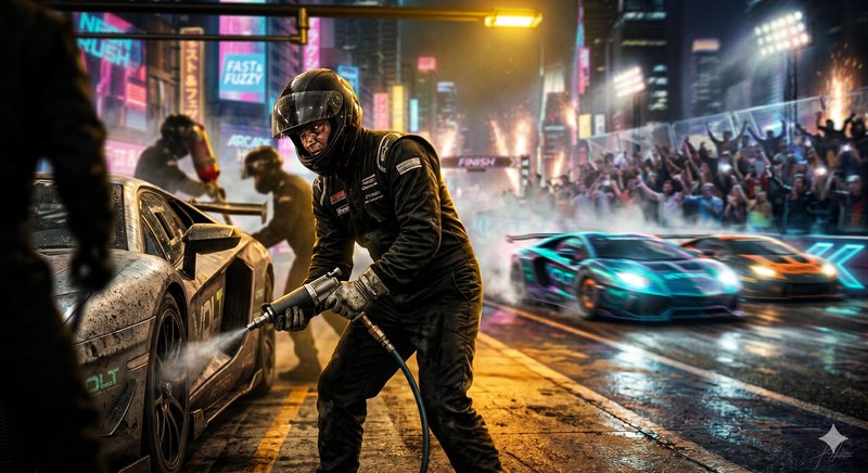 Race pit crew at a neon-lit night street race, spraying a car as fans cheer in the background.