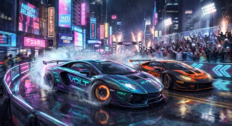 Futuristic neon-lit street race with two sleek sports cars and a cheering crowd.