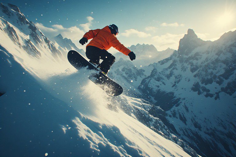 Snowboarder in an orange jacket carving down a snowy alpine slope.
