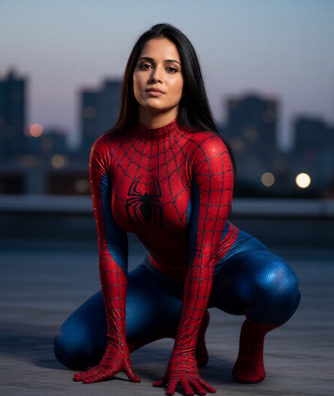 Woman in Spider-Man suit kneeling on rooftop with city skyline at dusk.