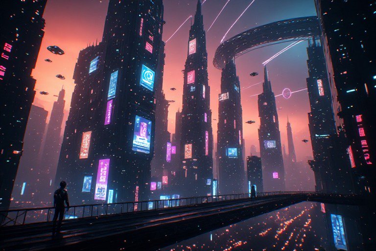 Silhouetted person on a neon-lit elevated walkway overlooking a futuristic cyberpunk city with towering skyscrapers and ho...