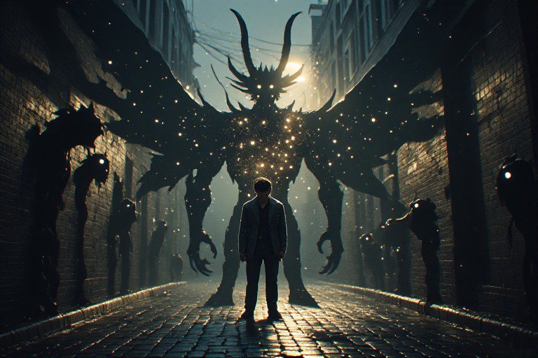 Lone silhouetted man stands facing a towering horned winged demon in a foggy cobblestone alley lined with shadow creatures