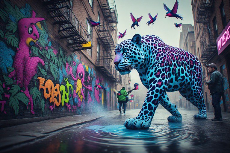 Surreal bright cyan leopard walks through a wet graffiti-covered urban alley surrounded by vibrant flying tropical birds