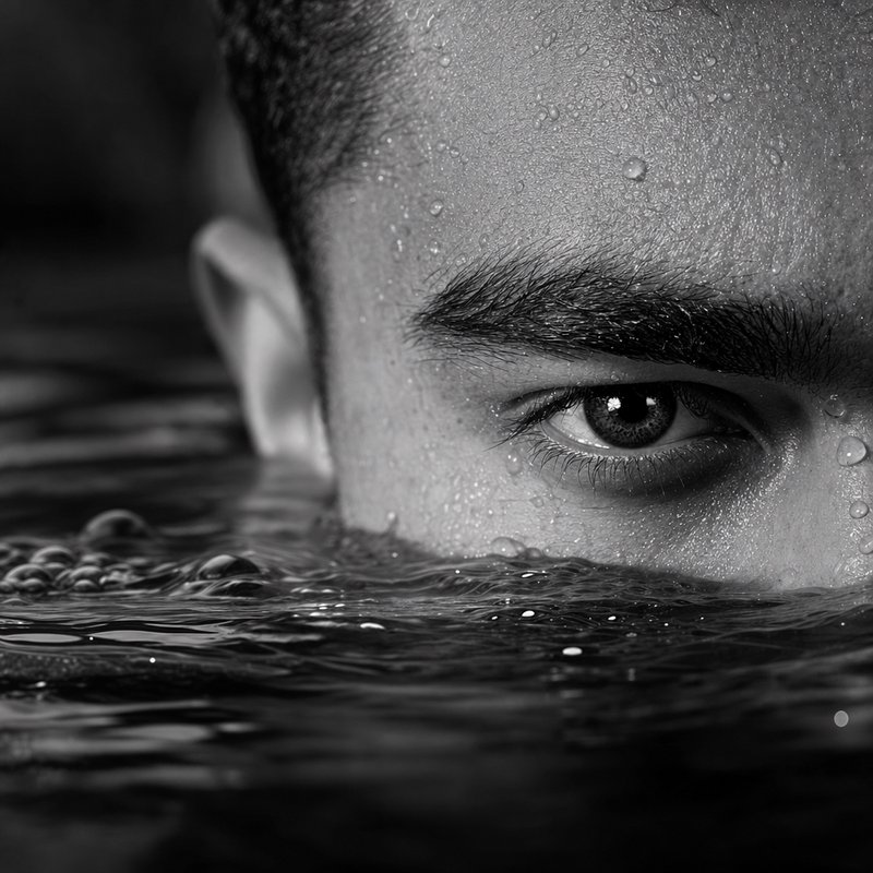 Black and white close up of a half-submerged man's face, glistening water droplets on skin, one intense eye visible