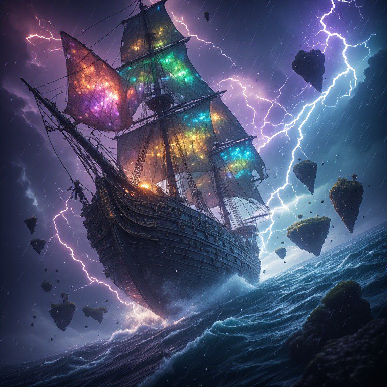 Ornate fantasy galleon with glowing multicolored sails navigates a stormy sea under lightning, su...