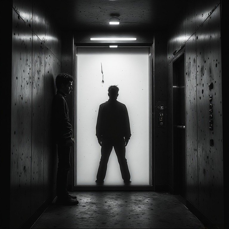 Eerie monochrome elevator hallway, silhouetted figure behind frosted door, man leaning on wall, hanging noose above shadow