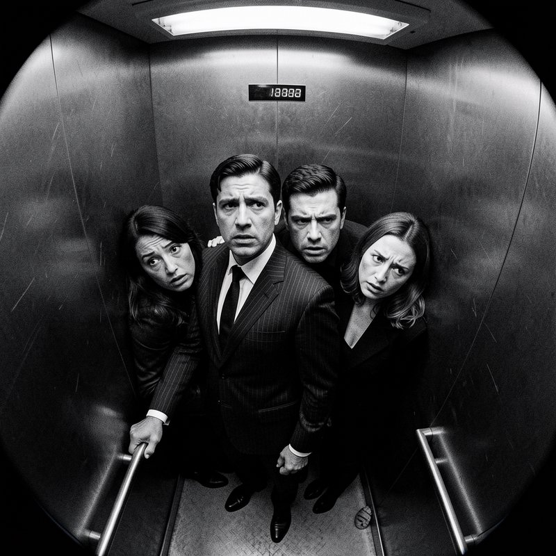 Fisheye black and white shot of four worried formally dressed people crowded inside a malfunctioning stainless steel eleva...