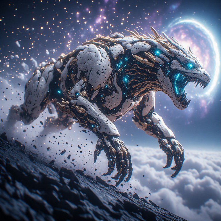 Armored cybernetic mechanical wolf beast mid-leap, glowing blue accents, cosmic space nebula back...