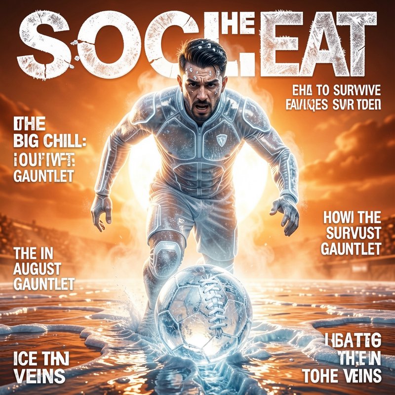 Surreal AI-generated sports magazine cover of an icy coated soccer player with a frozen ball agai...