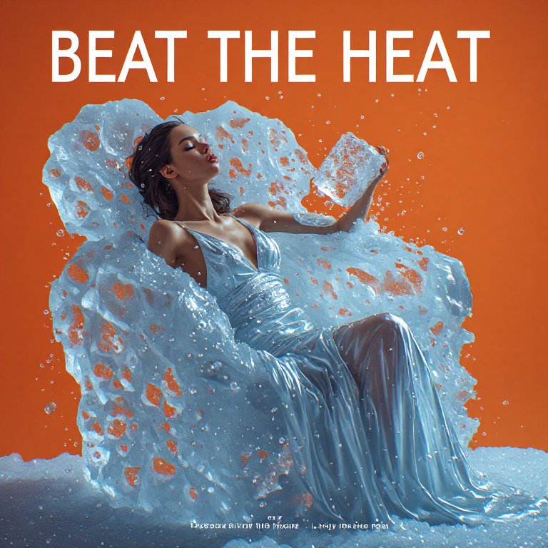Beat the Heat illustration of a relaxed woman reclining in an ice armchair holding an ice block a...