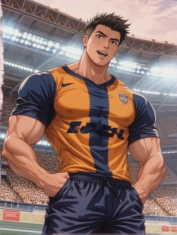 Muscular anime male soccer player stands confidently in a floodlit stadium, hands in pockets, wea...