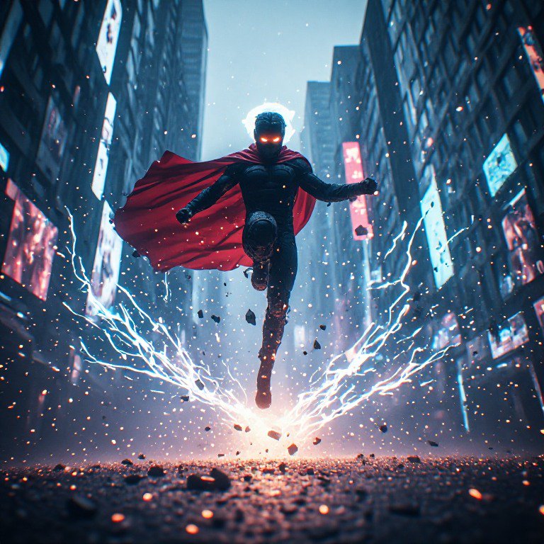 Powerful caped superhero with glowing eyes leaps above a lightning-shattered city street between ...