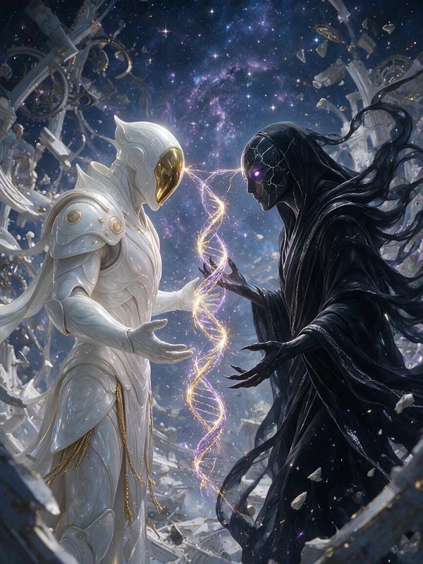 Two opposing cosmic celestial figures face each other, linked by a glowing DNA helix above floati...