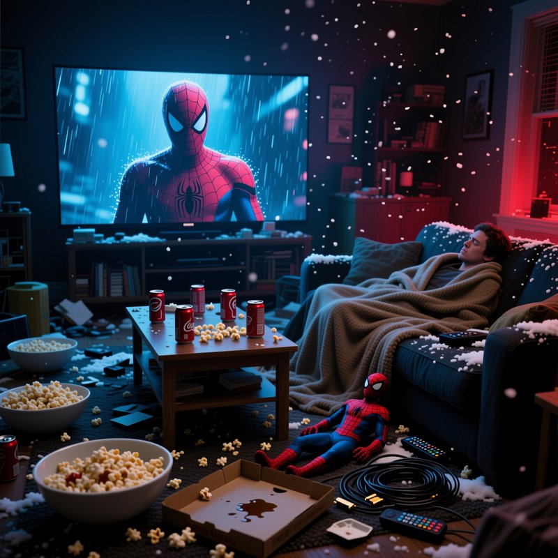 Messy cozy movie night living room, napping man on couch, Spider-Man film playing on TV, scattere...