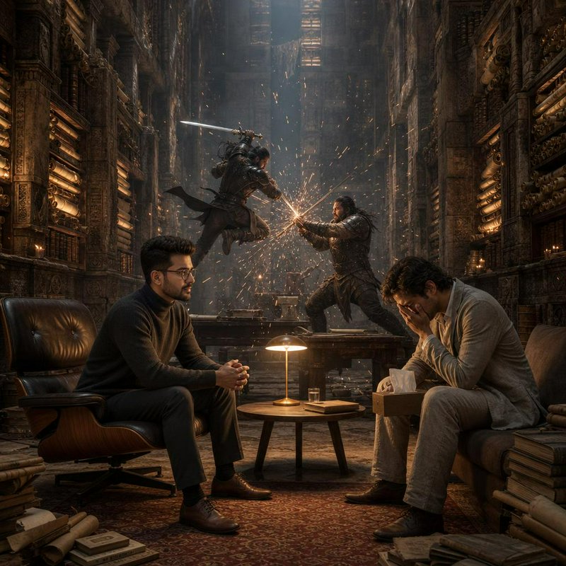 [Surreal therapy session scene, with fantasy warriors dueling with swords in an ancient library background behind two seat...
