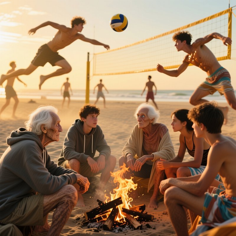 Surreal golden hour beach scene, group sits around a sand campfire while floating players compete...