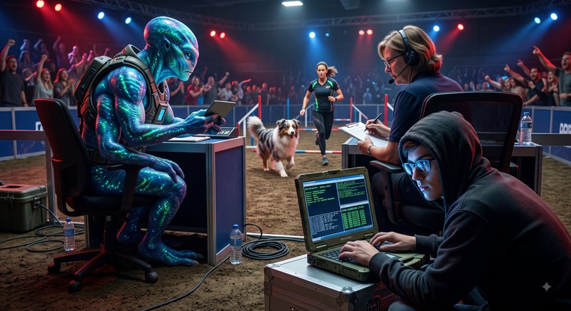 Iridescent blue alien judge sits at a desk at an indoor dog agility competition, as a handler run...