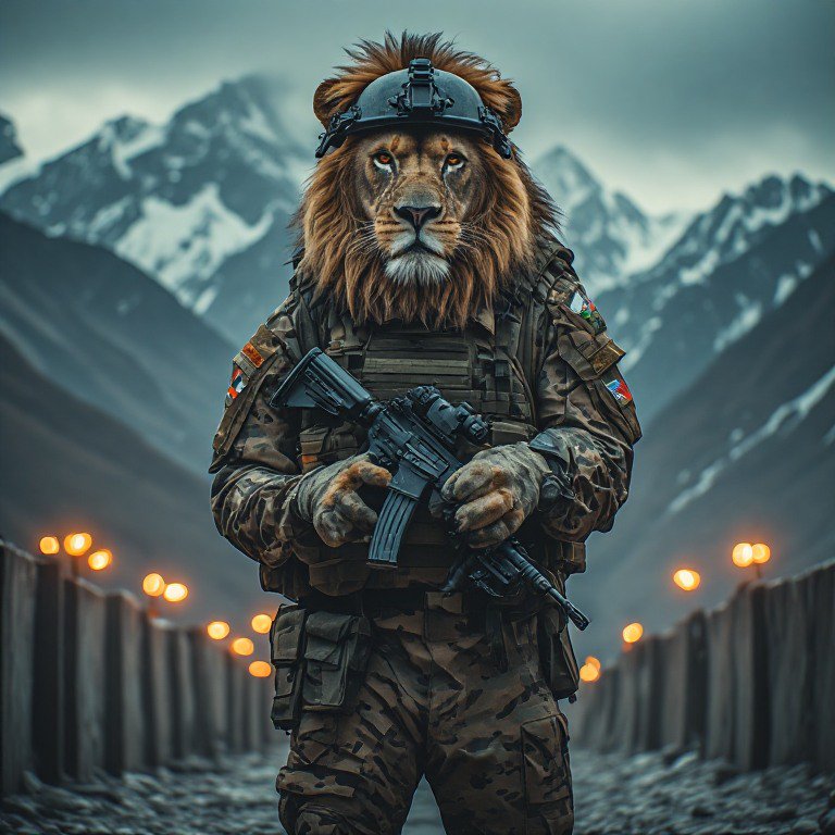 Anthropomorphic lion in tactical military gear holds an assault rifle, standing guard at a snowy ...