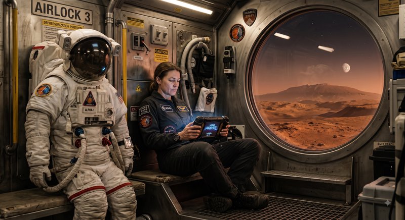 Fully suited astronaut and mission crew inside Mars base airlock, rust-red Martian landscape visi...
