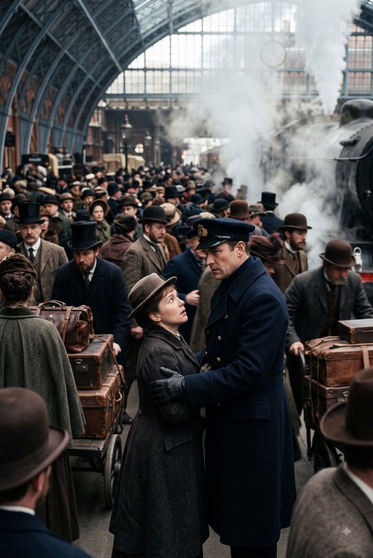 Emotional goodbye between an Edwardian couple on a crowded Victorian steam train station platform...