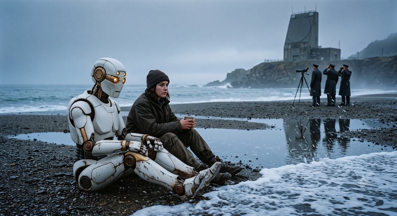 [Weathered white humanoid robot sits beside a woman on a misty rocky beach, officials observe near a cliffside coastal rad...