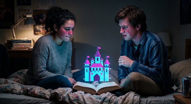 Two young people sit on a bed, looking at a glowing pixel art castle hologram floating above an o...