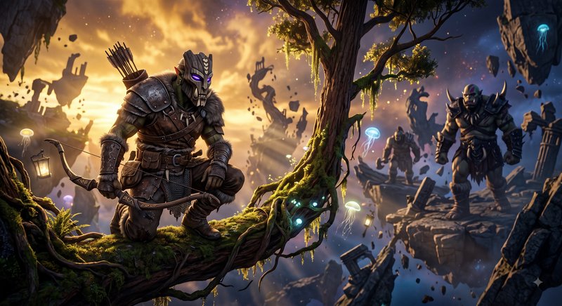 Masked armored orc archer kneels on mossy floating tree branch, confronting enemy orc warriors in...