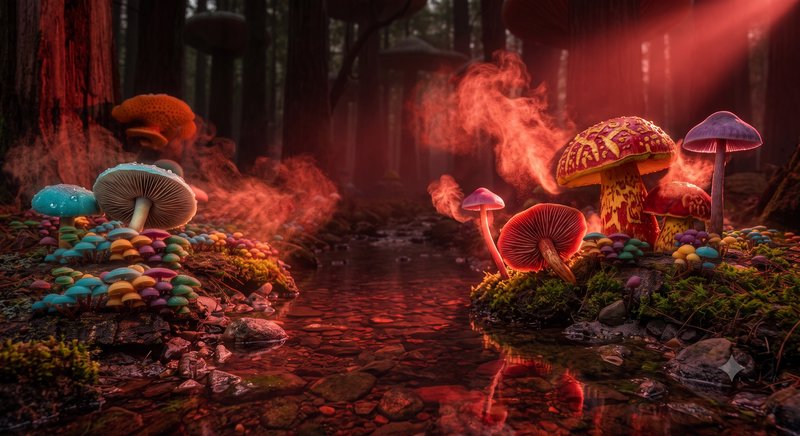 Surreal enchanted forest scene with colorful glowing mushrooms lining a rocky stream, wispy red m...