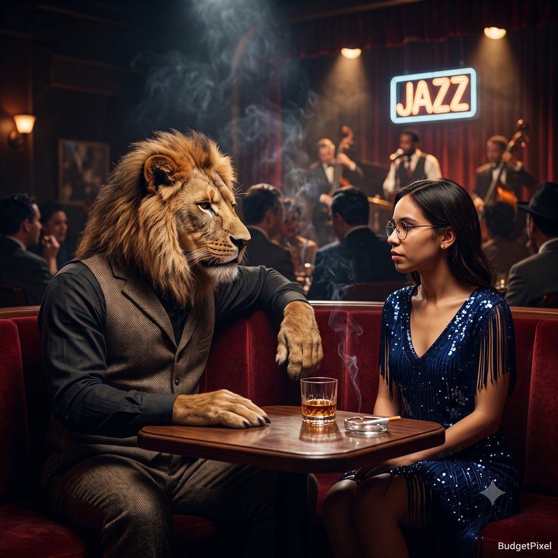 Surreal scene of an anthropomorphic lion in formal attire sitting across from a woman in a vintag...