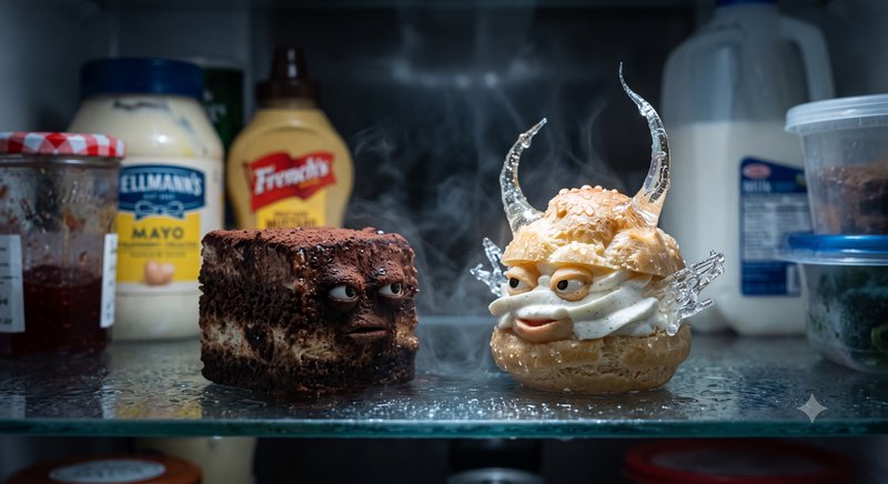 Surreal anthropomorphic dessert characters: grumpy tiramisu and viking cream puff sit on a foggy ...