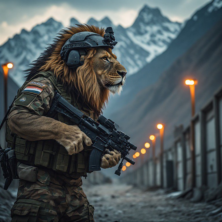 Anthropomorphic lion in tactical military gear holds an assault rifle at a mountain outpost at dusk.